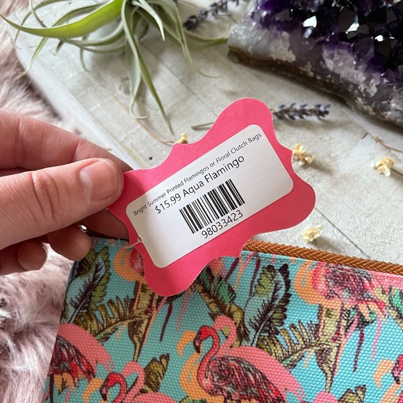 Canvas Flamingo Print And Pleather Clutch - Picture 7 of 7